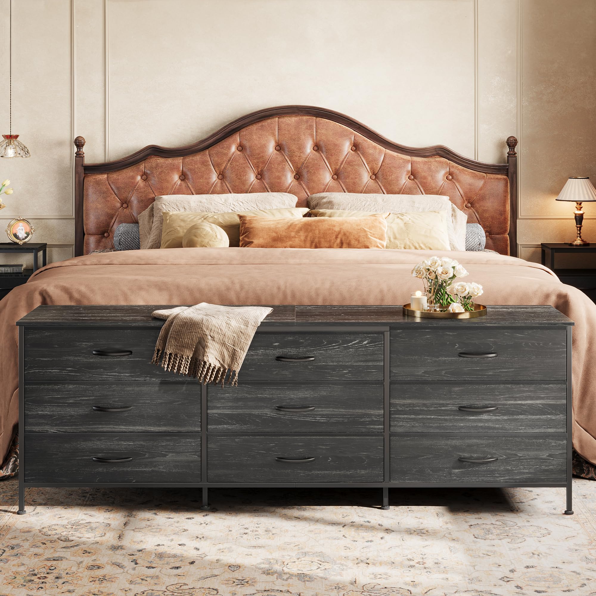Condition photo showing New/Like New for huuger 63 inch dresser for bedroom, dresser for closet with 9 drawers, large tv stand for 55, 65, 70