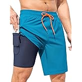 SILKWORLD Mens Swim Trunks with Compression Liner Quick Dry 9" Bathing Suit Summer Beach Swimming Shorts with Zip Pockets