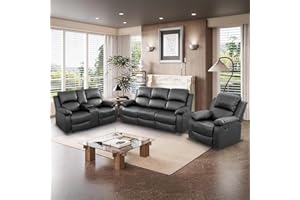 Toseslo Manual Reclining Couch Sofa Set with Drop-Down Table, 3 Pieces Black Leather Recliner Couch Sets, Living Room Furniture Sets, Recliner Sofa with Storage Console/Cup Holder for Home/Apartment