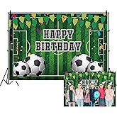 Renaiss 7x5ft Soccer Birthday Party Backdrop Football Filed Green Flags Grass Lawn Sports Themed Polyester Photography Background for Boys Kids Birthday Party Decor Photo Shoot Props