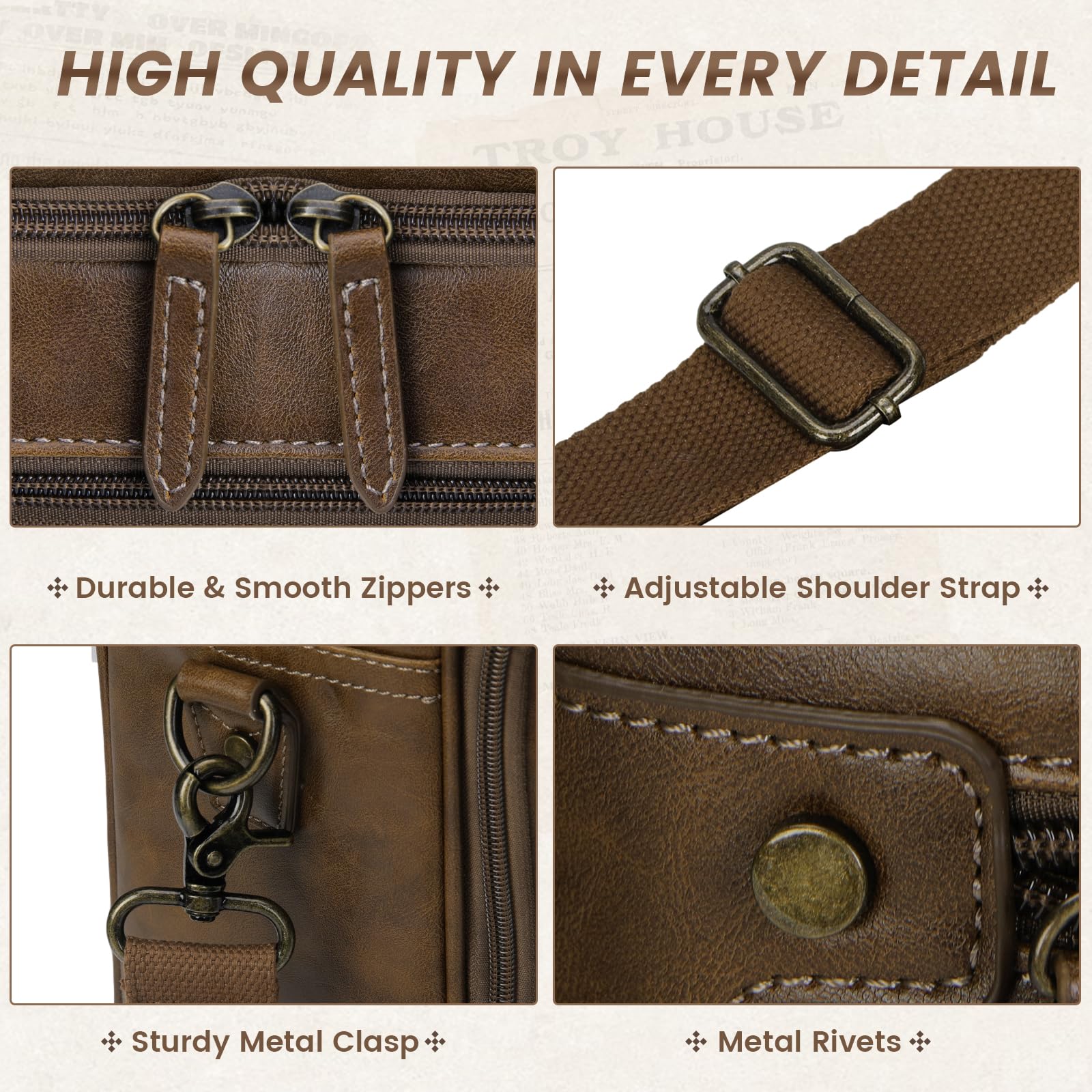 RAINSMORE Mens Laptop Bag 16 Inch Leather Briefcase Vintage Messenger Bag for Men Large Crossbody Shoulder Office Computer Bag Retro College Satchel Bag for Work, Business,Travel, Brown