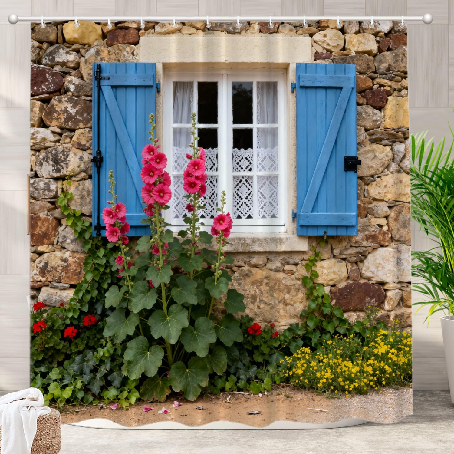 Batmerry European Flowers Scenery Garden Decoration Shower Curtain, Old Window with Open Dark Blue Shutters Decor Shower Curtain for Shower Stall Bathroom Waterproof of Standard Size 72x72 Inch