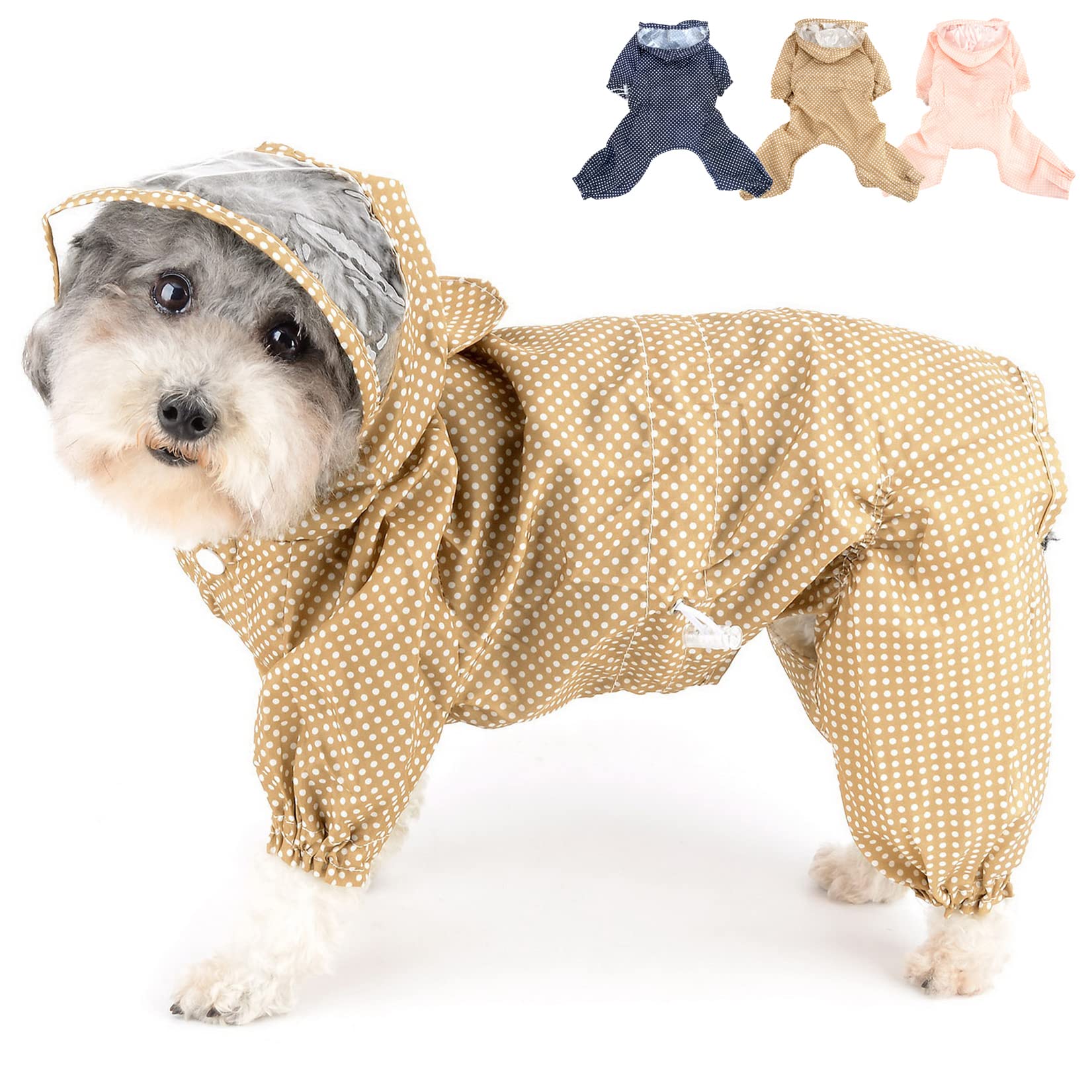 Zunea Waterproof Dog Raincoats with Hood for Small Dogs Puppy Rain Coat with Harness Hole Adjustable Rain Jacket Slicker Poncho with Legs Polka Dot Lightweight Pet Raining Jumpsuit Beige M