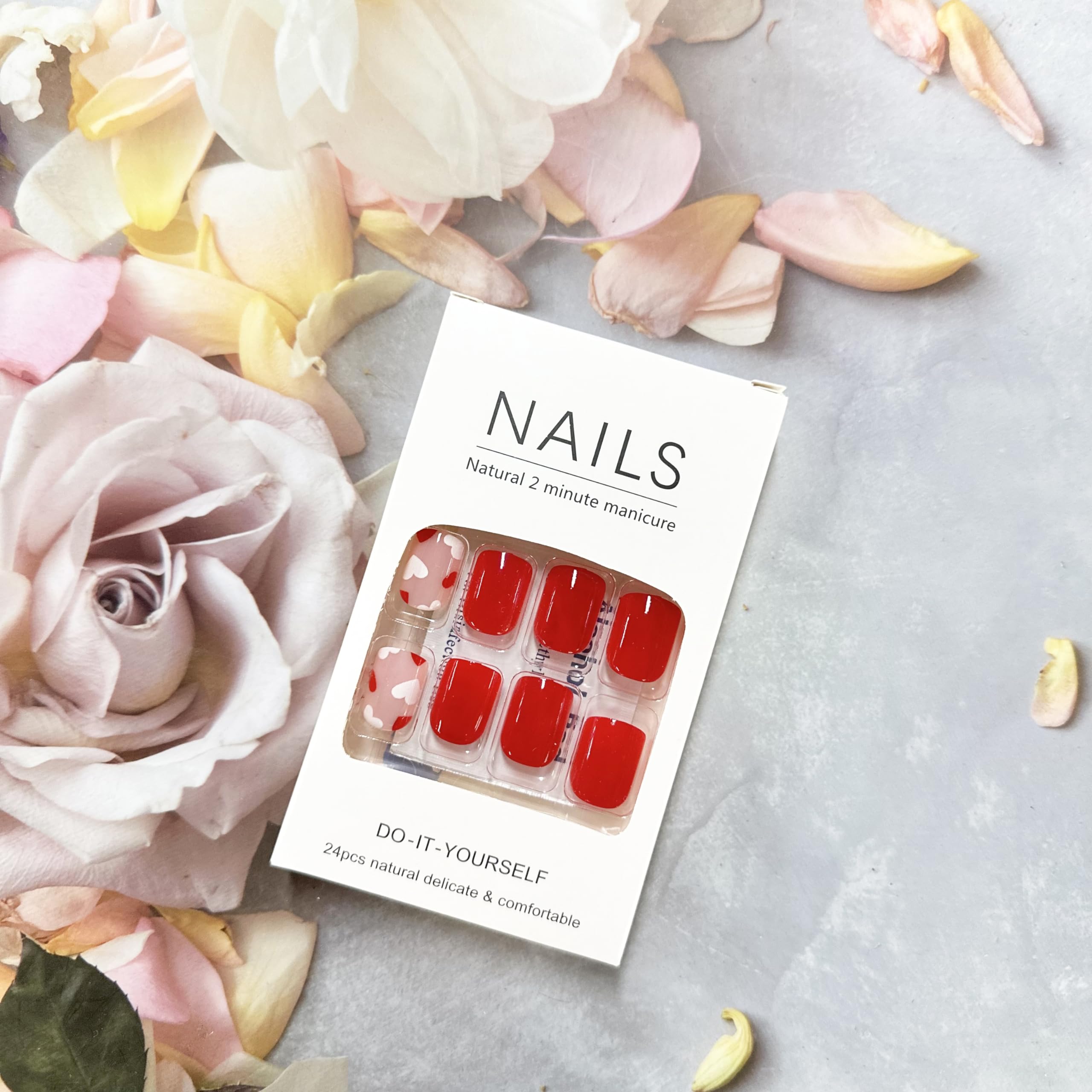 OCOUYVD Heart Press on Nails Short Square Valentines Fake Petite Red Stick on Full Cover False With Red White Heart Designs Acrylic Glossy Artificial for Women Girls - Image 4