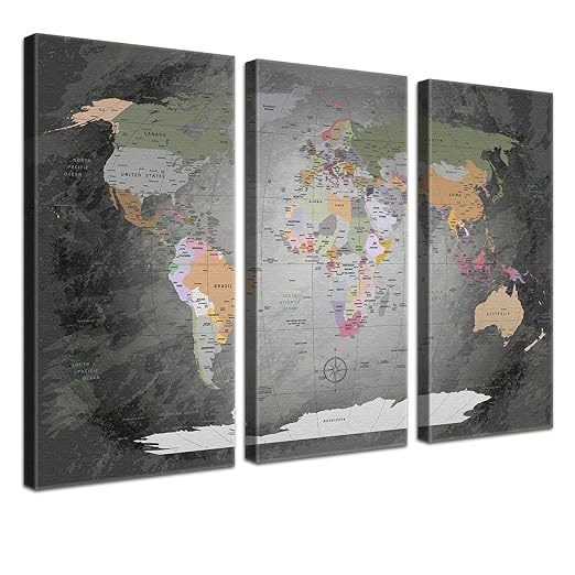 title=LanaKK World Map Edel Grau- Planisfero da parete con dorso in sughero e pregiata
