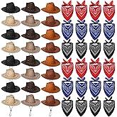 Cindeer 48 Pcs Cowboy Hat and Bandana for Adult Bulk 24 Western Cowgirl Straw Hat 24 Bandanas for Women Men Cosplay Party