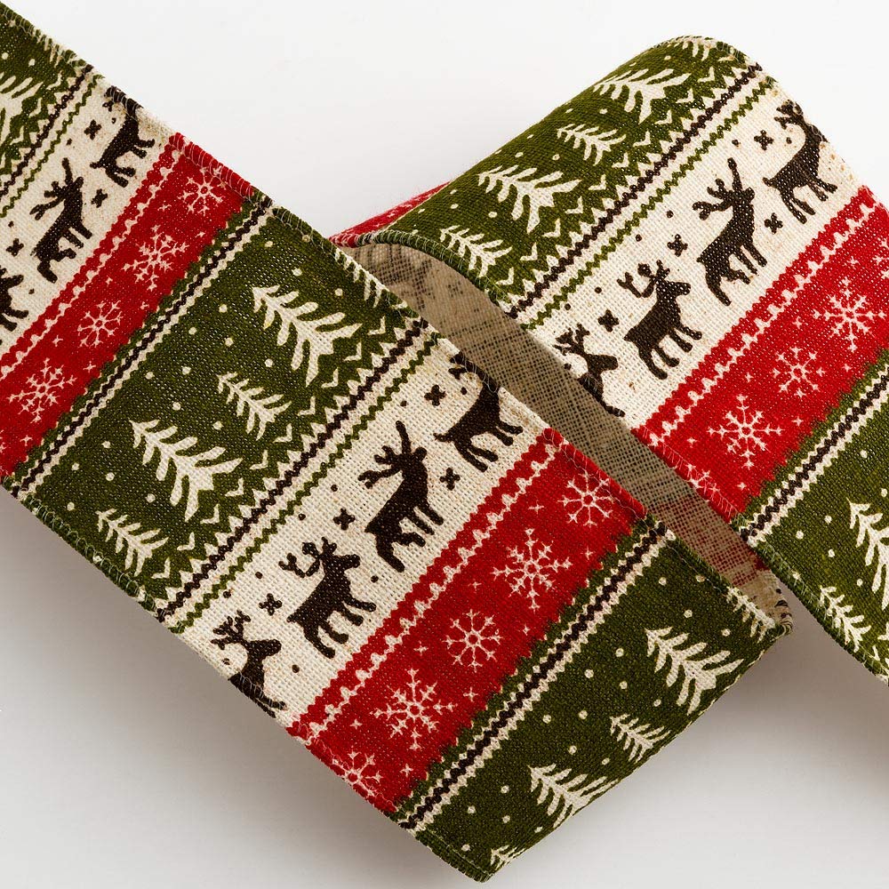 Italian Options Scandinavian Christmas Print Wired Ribbon, Wide, Christmas Hessian Ribbon for Crafts, Gift Wrapping Accessories, Wreaths, Tree Decorations, Burlap Fabric, Natural, 60mm x 10 Metres