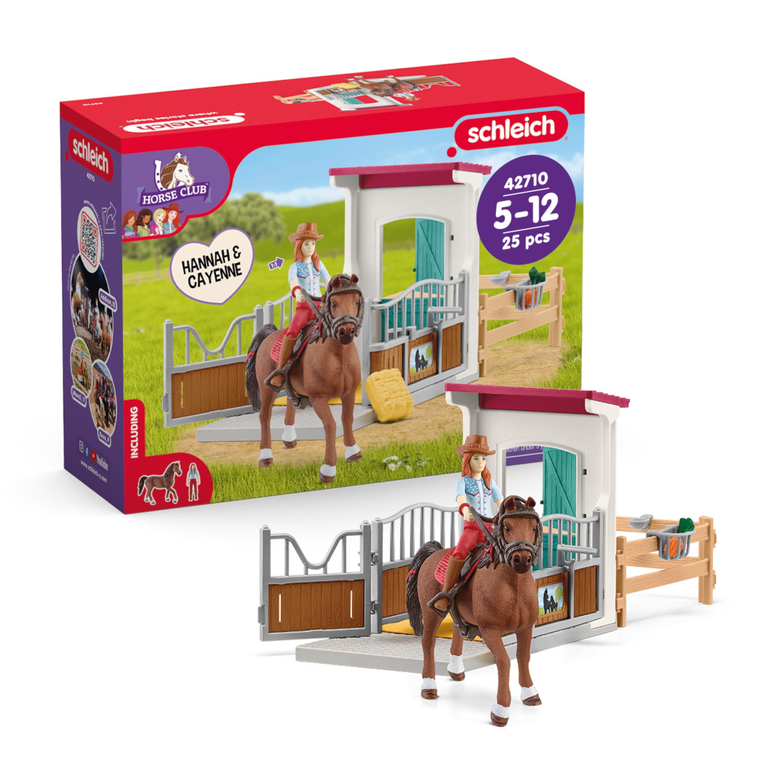 Schleich Horse Club - 25PC Hannah and Cayenne Horse Toy Stall Playset with Accessories - Customizable Stable Name Tag - Realistic, Posable Rider and Pony Toys for Girls and Boys - Kids Ages 5+ - 42710