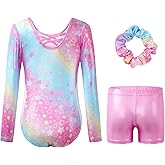 JiAmy Gymnastics Leotards for Girls Cross Back, Long Sleeve Sparkly Dance Biketards with Shorts Ballet Outfit for 3-12 Years