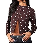 MakeMeChic Women's Polka Dots Cropped Cardigan Lightweight Long Sleeve Y2K Button Down Sweaters