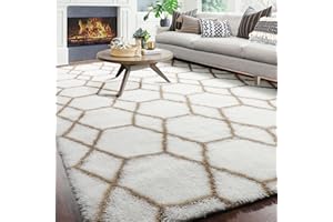 ONASAR Large Living Room Area Rug 6x9, White and Beige Geometric Rugs Floor Mat for Bedroom Home Decor Aesthetic, Soft Fuzzy Shaggy Plush Fluffy Moroccan Carpet for Dorm Classroom Farmhouse