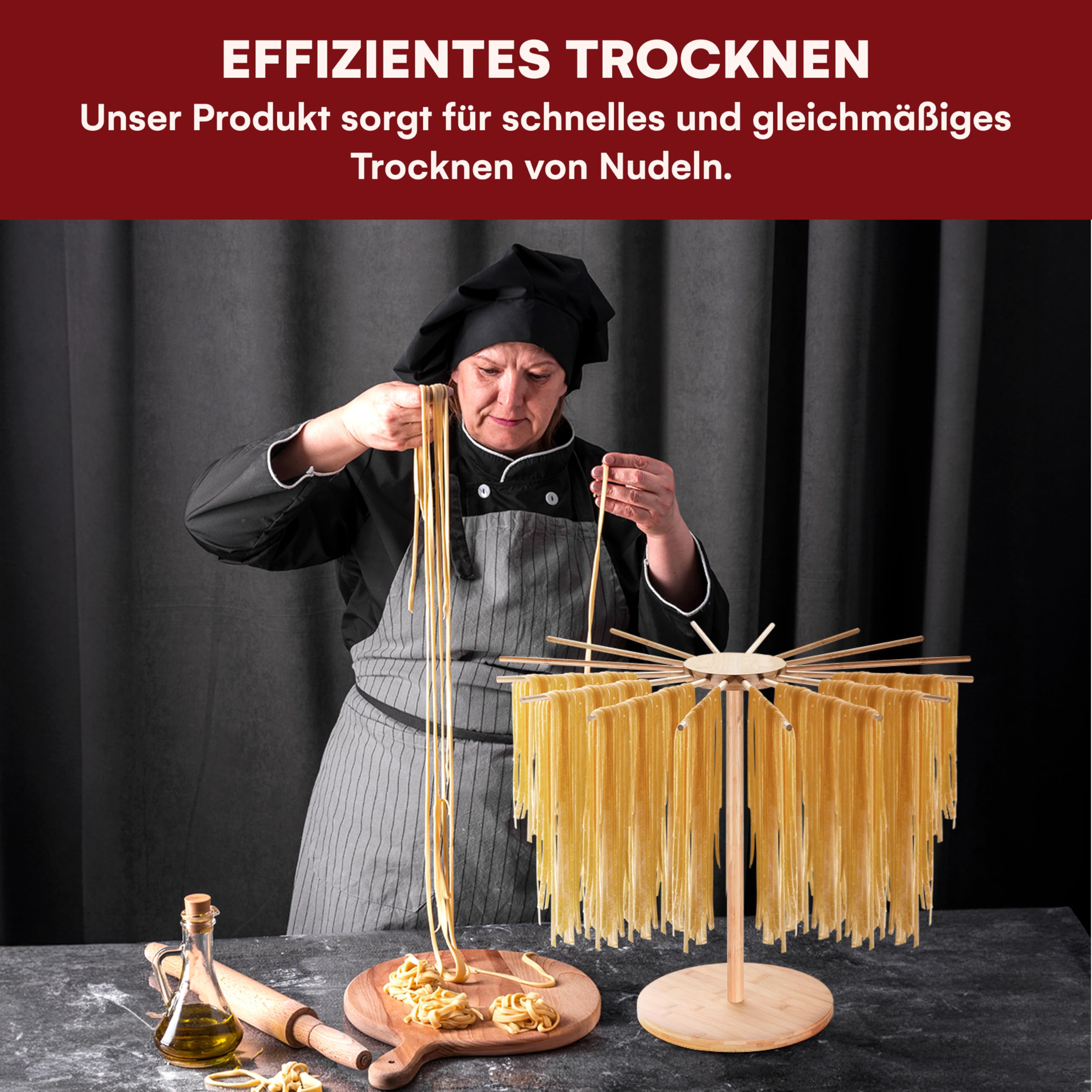 KITCHTIC Pasta Trockner – Große Größe, 16 Stangen – Faltbarer Nudelständer aus Holz – Verstellbare Arme – Ideal für Spaghetti, Tagliatelle, Fettuccine – Naturfarbe 2