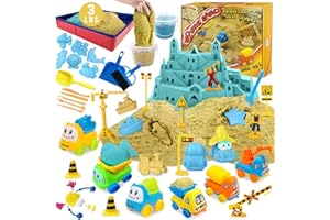 ESSENSON Play Construction Sand Kit - 3lbs Sand with 2 Colors, 6 Mini Construction Trucks, Construction Toys and Signs, Animal Mold, Modeling Tools, Foldable Sandbox with Clean Set Gifts for Boys Girls