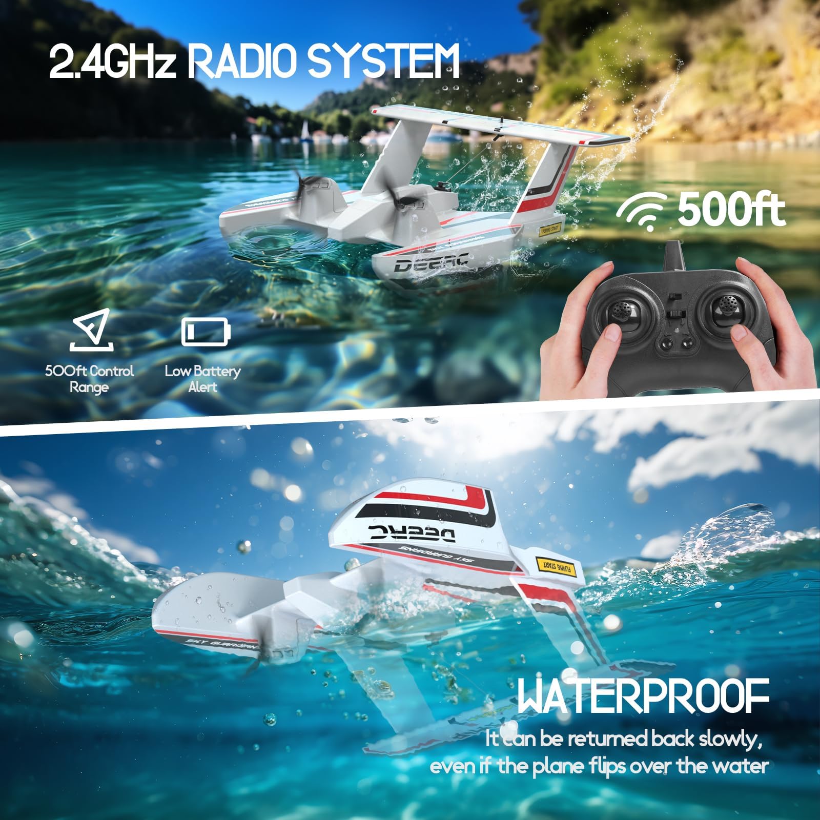 DEERC RC Flugzeug für Wasser Land & Luft, Amphibisches DREI-Phibien-Flugzeug, 3CH Ferngesteuertes Flugzeug mit 2 Batterien, 2.4GHz RTF Segler für Junge Mädchen 2