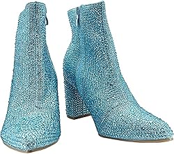 Women Rhinestone Block Chunky Heel Ankle Bootie