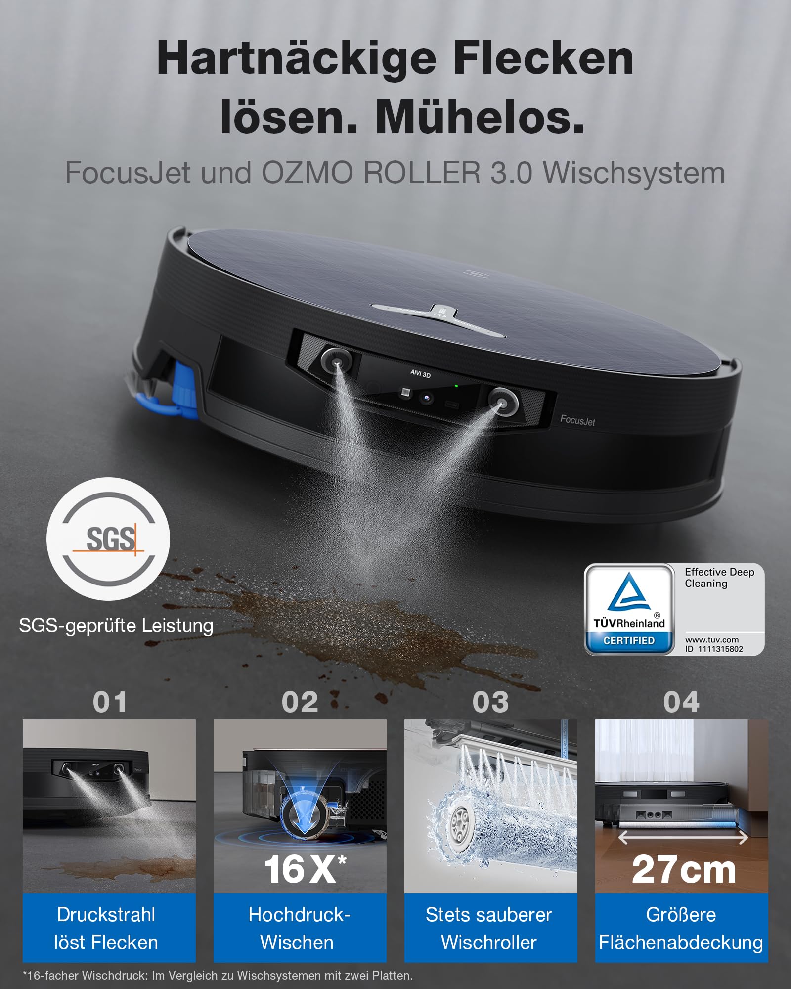 ECOVACS X12 OMNICYCLONE Saugroboter mit Wischfunktion, Blast & 22.000 Pa, FocusJet-System zur Fleckenvorlösung, OZMO Roller 3.0, Ausfahrender Wischmopp, PureCyclone 2.0 Auto-Entleerung, Silberschwarz 2