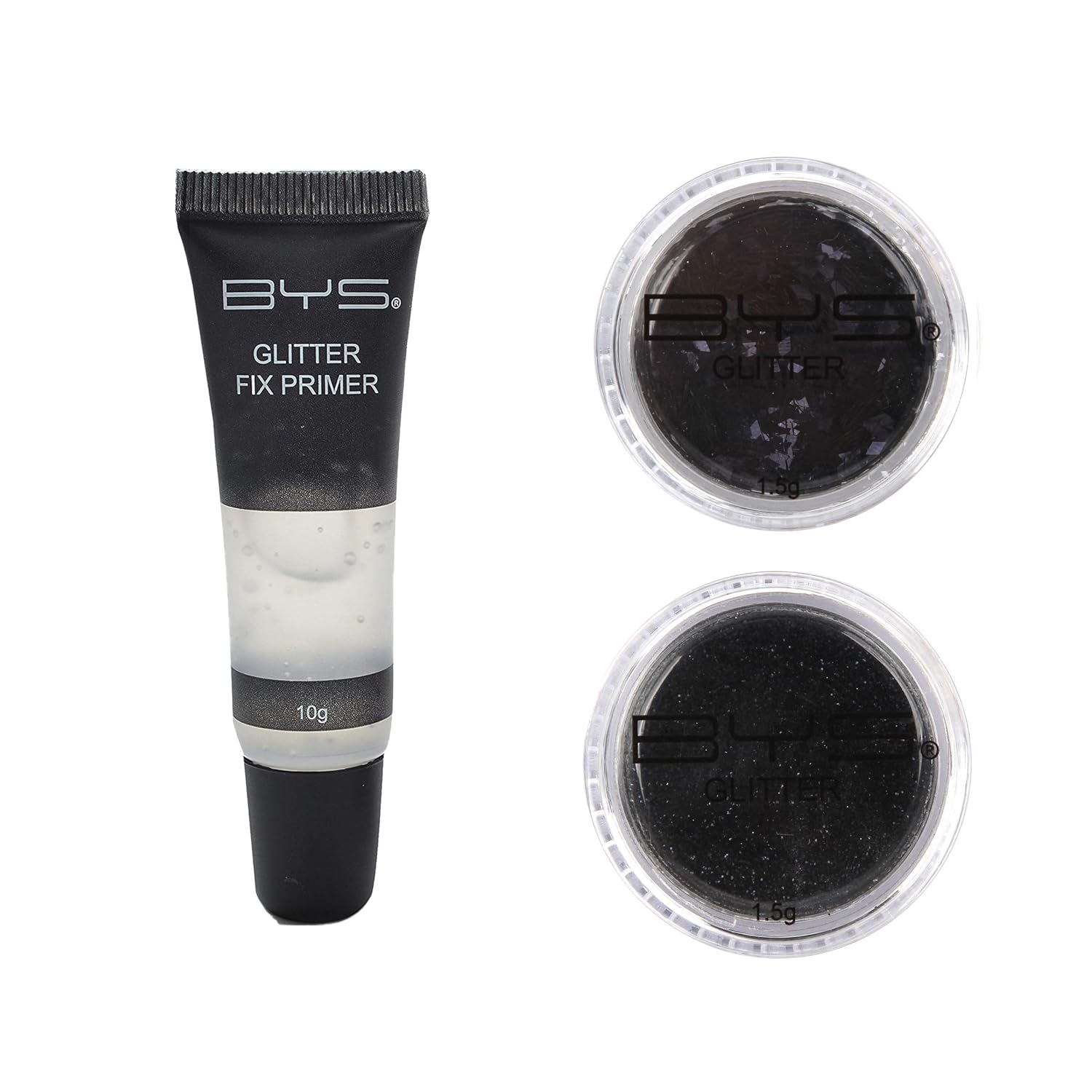 BYS Glitter Face and Body Kit with Primer Black - instant sparkle two glitter pots experiment with different textures and dimensions Glitter Fix Primer set and hold glitter