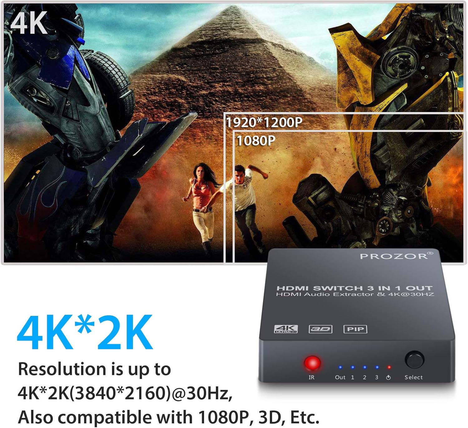 PROZOR HDMI 2.0 Audio Extractor 3x1 HDMI Switch Converter 3.5mm AUX Optical Output Support 4K/60hz 3D with IR Remote HD MI Cable 3.5mm to 2 RCA Cable for Blu-ray DVD PS4 TV - Image 4
