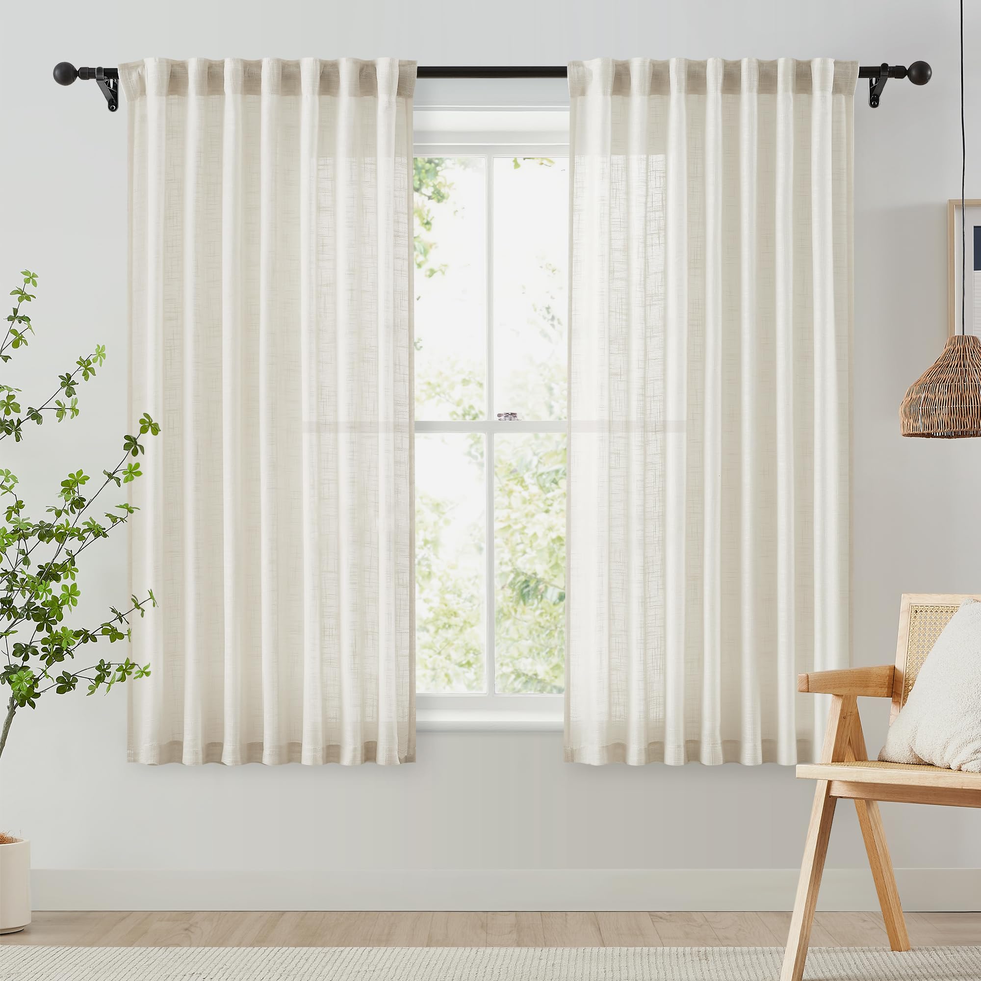 Fmfunctex Beige Rod Pocket Sheer Curtains for Bedroom 54 Drop Linen Textured Back Tab Curtains for Living Room Semi Sheer Light Filtering Window Curtain Drapes for Dining Room 2 Panels