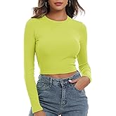 Artfish Women's Round Neck Long Sleeve Knit Ribbed Fitted Crop Top Casual Basic Shirts