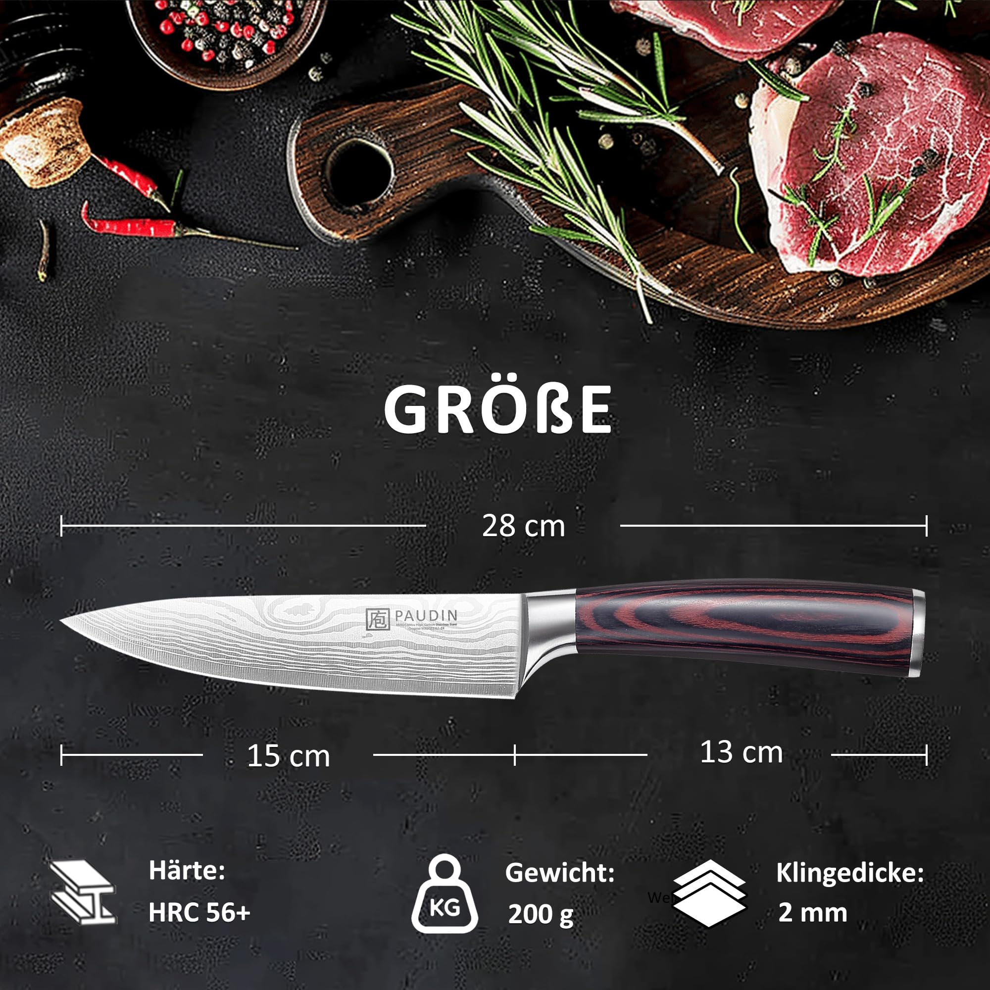 PAUDIN Kochmesser 15 cm Küchenmesser klein scharf profi Messer als Allzweckmesser Fleischmesser Gemüsemesser aus hochwertigem Edelstahl mit ergonomischem Holzgriff 2
