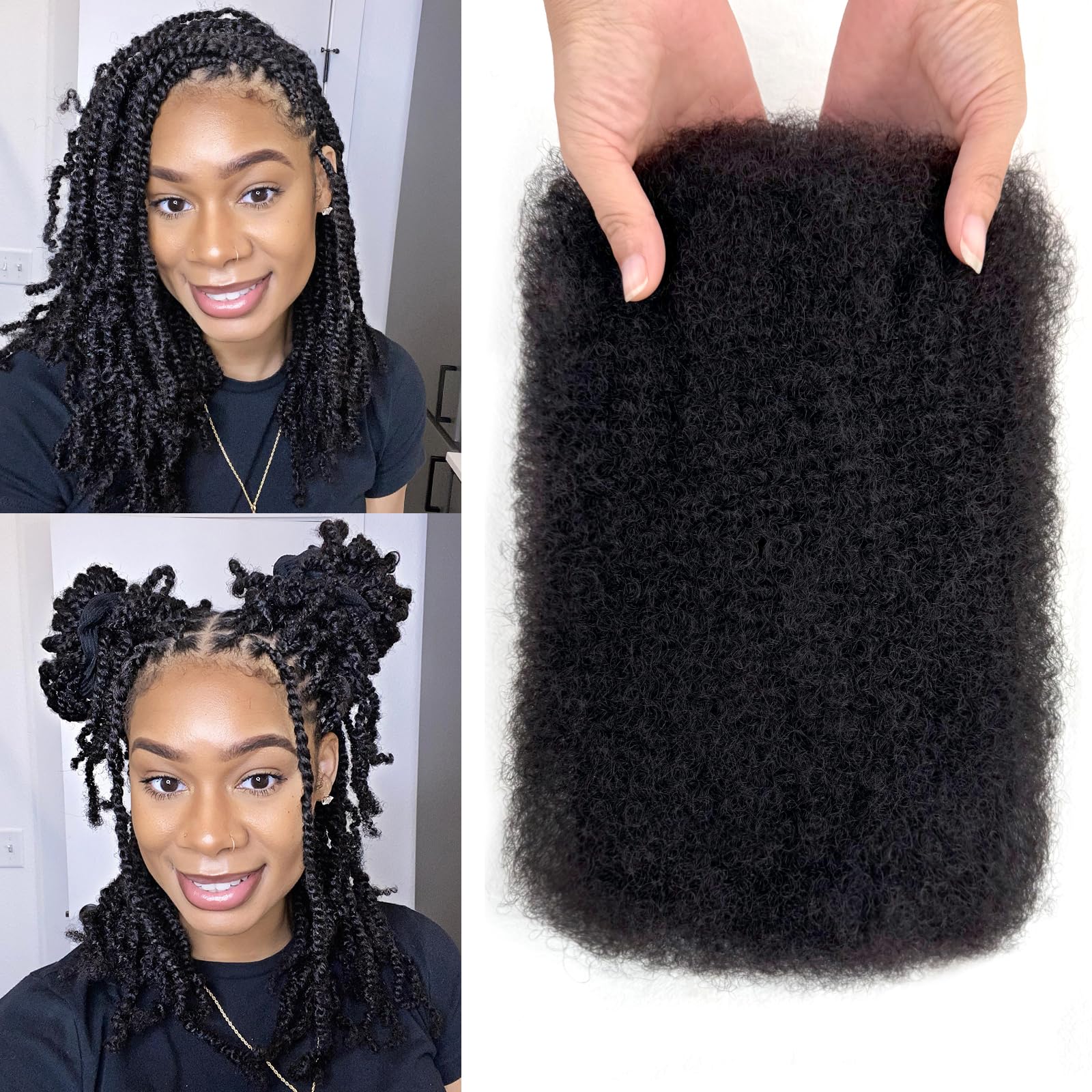Photo 1 of Afro Kinkys Bulk Human Hair for Braiding 2 Bundles 100g Afro Kinky-curly Human Bulk for Twist Braids 4C Kinkycurly Bundles for Mini Twists or Locs Extension Soft Cuban Kinky Twist Braiding Hair 14in