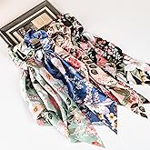 Mirlern 4-Piece Satin Hair Scarf Scrunchies for Women Girls, No Damage Cute Hair Ties with Bow Ribbons Ponytail Holders Elastic Rubber Bands (Lily)