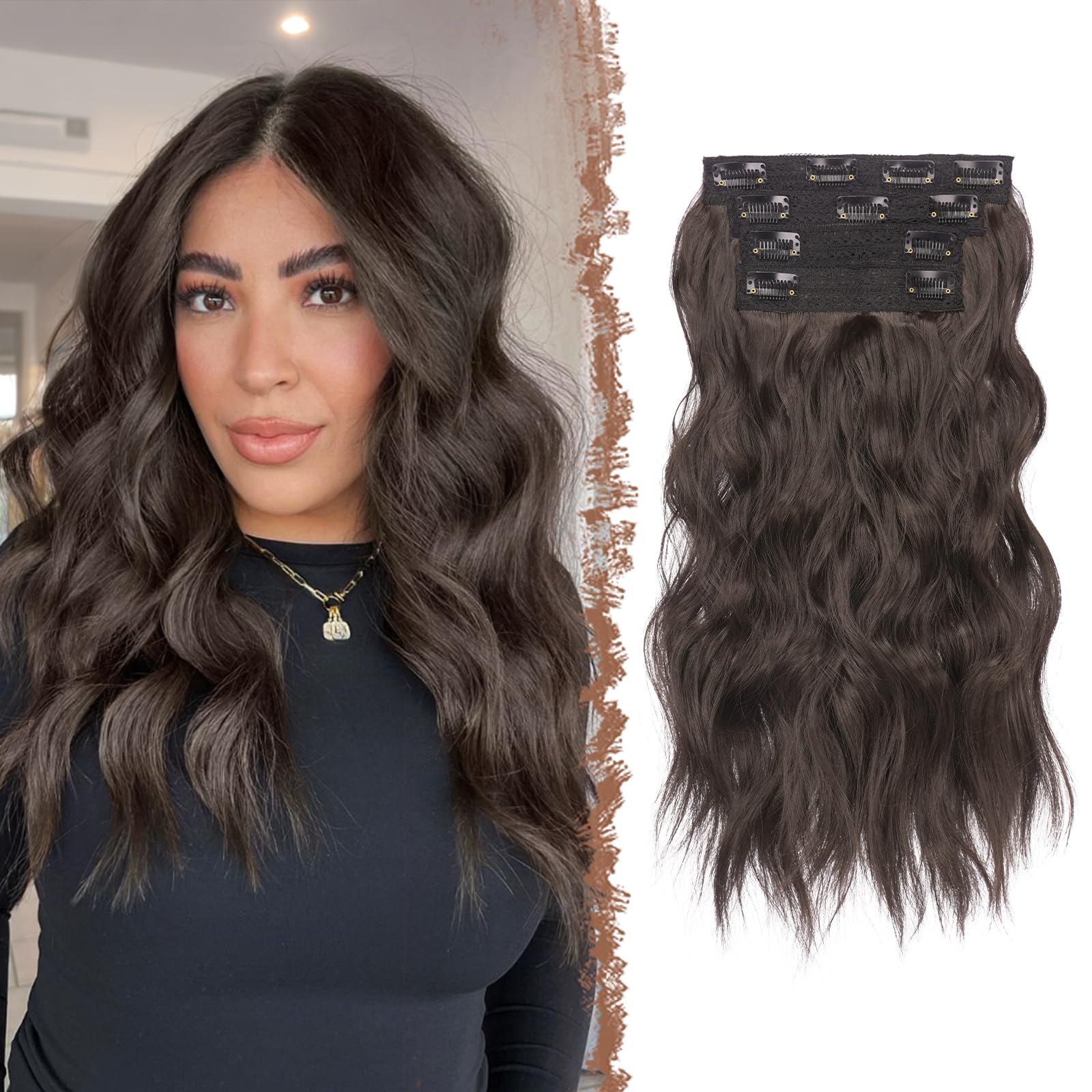 FESHFEN Clip in Hair Extensions 4PCs Long Wavy Thick Hair Piece Highlighted Full Head Synthetic Natural Curly Black Brown Extension for Women, 16 Inch โ image 1