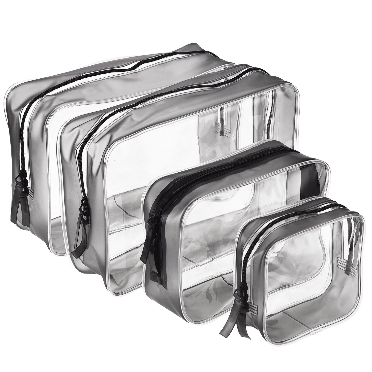 Conjunto de 4 piezas de neceseres transparentes de diferentes tamaños.