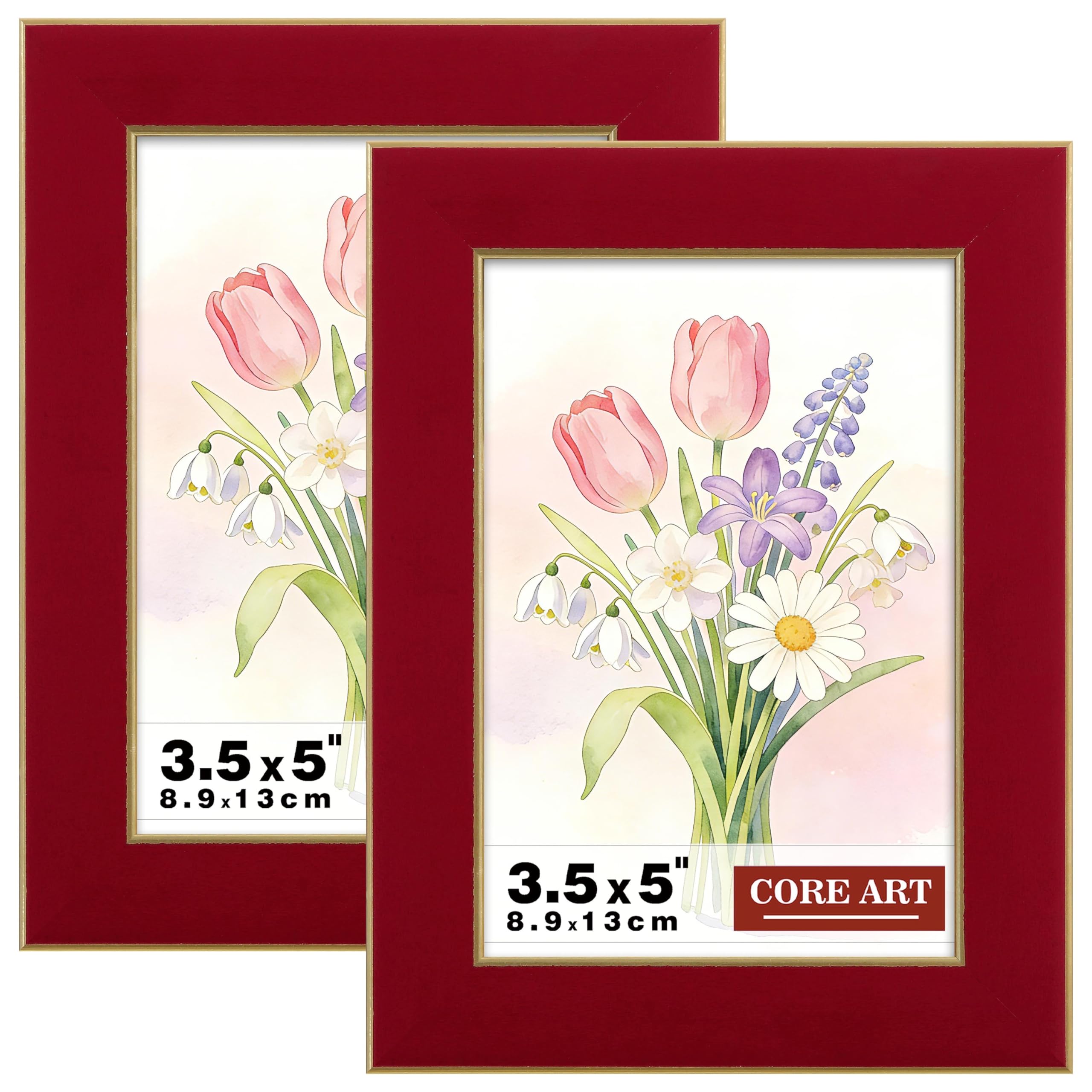 CORE ART 3.5x5 Picture Frames, Red Photo Frames Set of 2, 3.5 by 5 Colorful Frame with HD Plexiglas, Wall or Tabletop Display