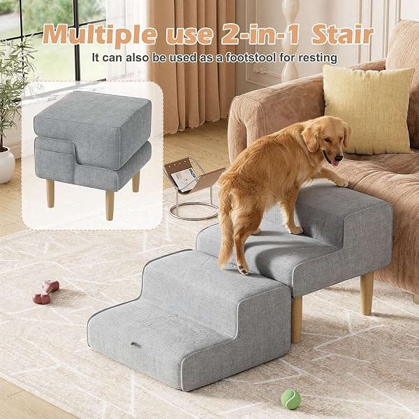 PAKALIFE DOG RAMP OTTOMAN,2-IN-1 DOG STEPS FOR BED&COUCH,FOLDABLE SOLID WOOD PET RAMPS&DOG STAIRS FOR SMALL, SENIOR DOGS & OLD CATS TO GET ON BED,WASHABLE COVER,135LB CAPACITY