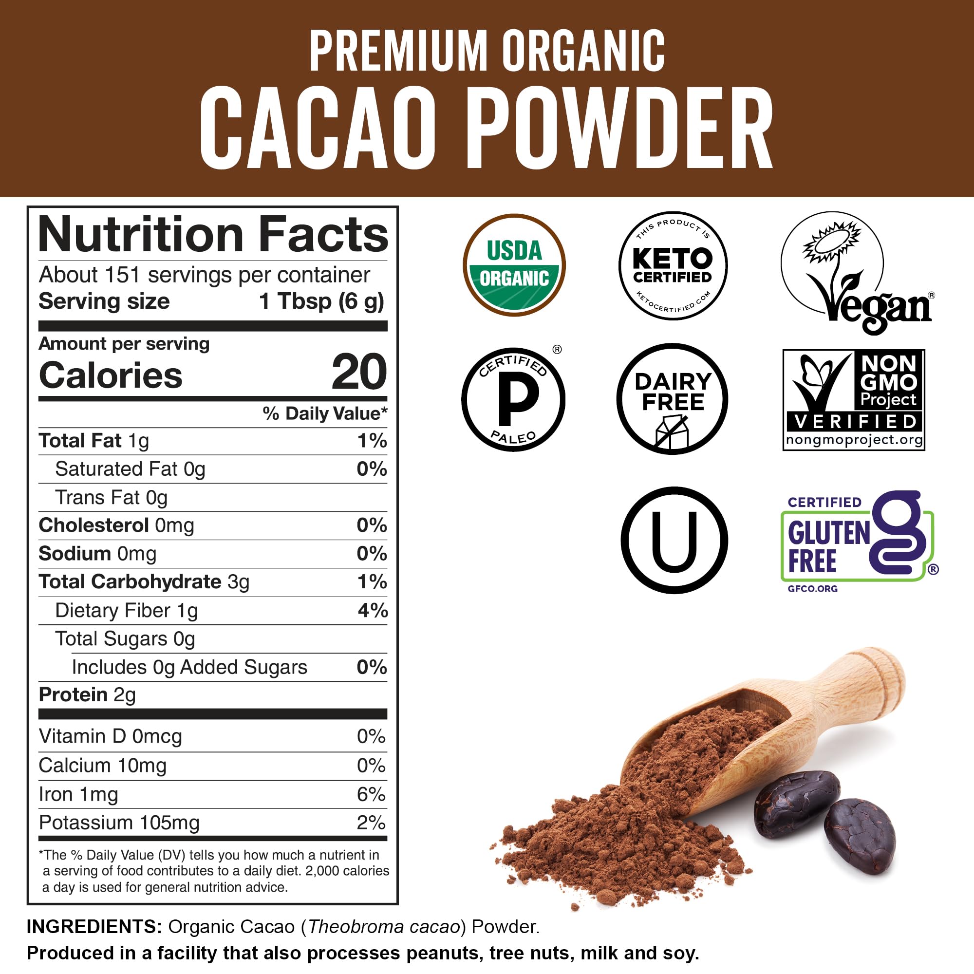 Viva Naturals Organic Cacao Powder, 2lb - Unsweetened Cocoa Powder With Rich Dark Chocolate Flavor, Perfect for Baking & Smoothies - Certified Vegan, Keto & Paleo, Non-GMO & Gluten-Free, 907 g