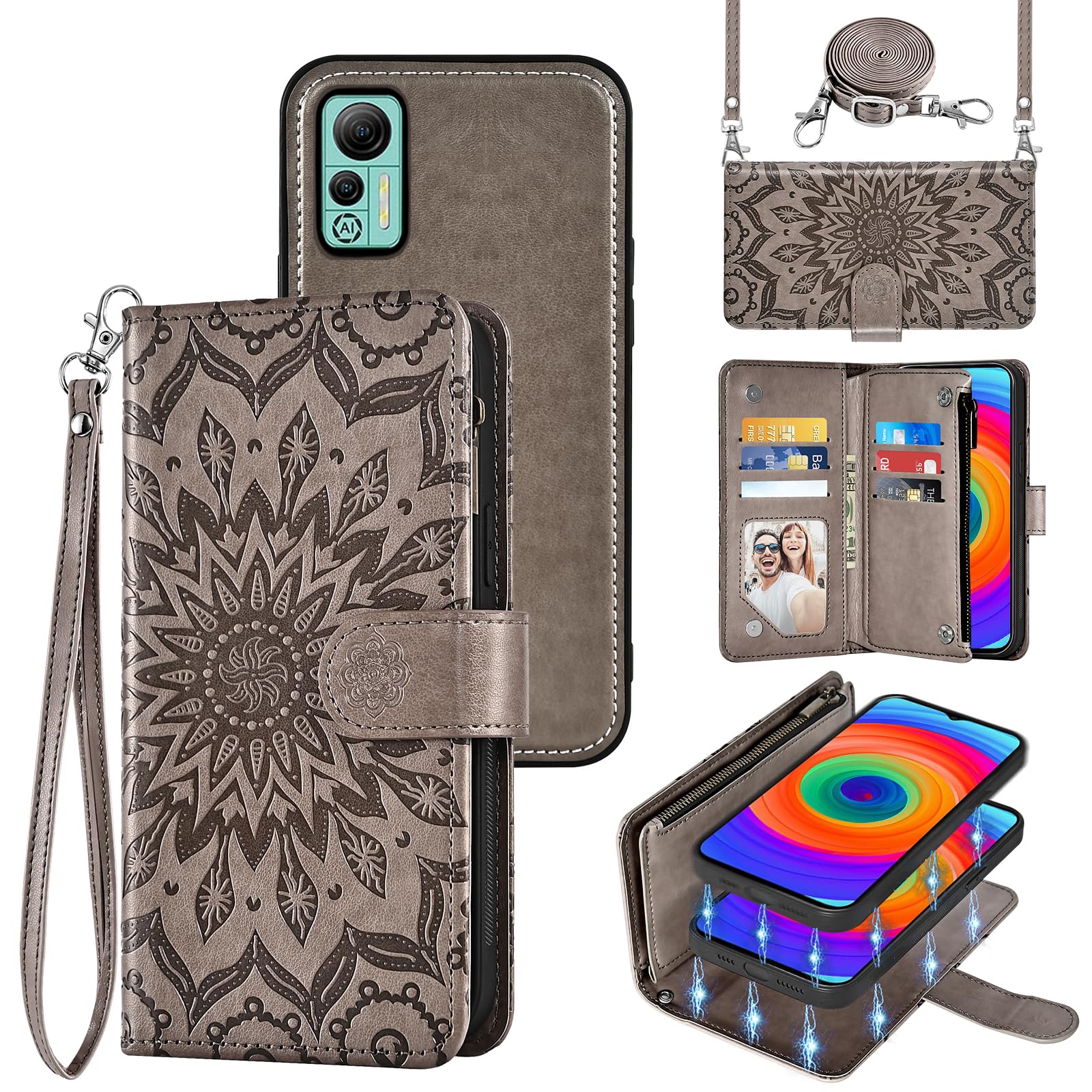 Asuwish Phone Case for Ulefone Note 14/14 Pro Zipper Wallet Magnetic Detachable Cell Cover with Screen Protector Crossbody Lanyard Strap Flower Flip Card Holder Slot 14Pro 2022 Women Men Gray