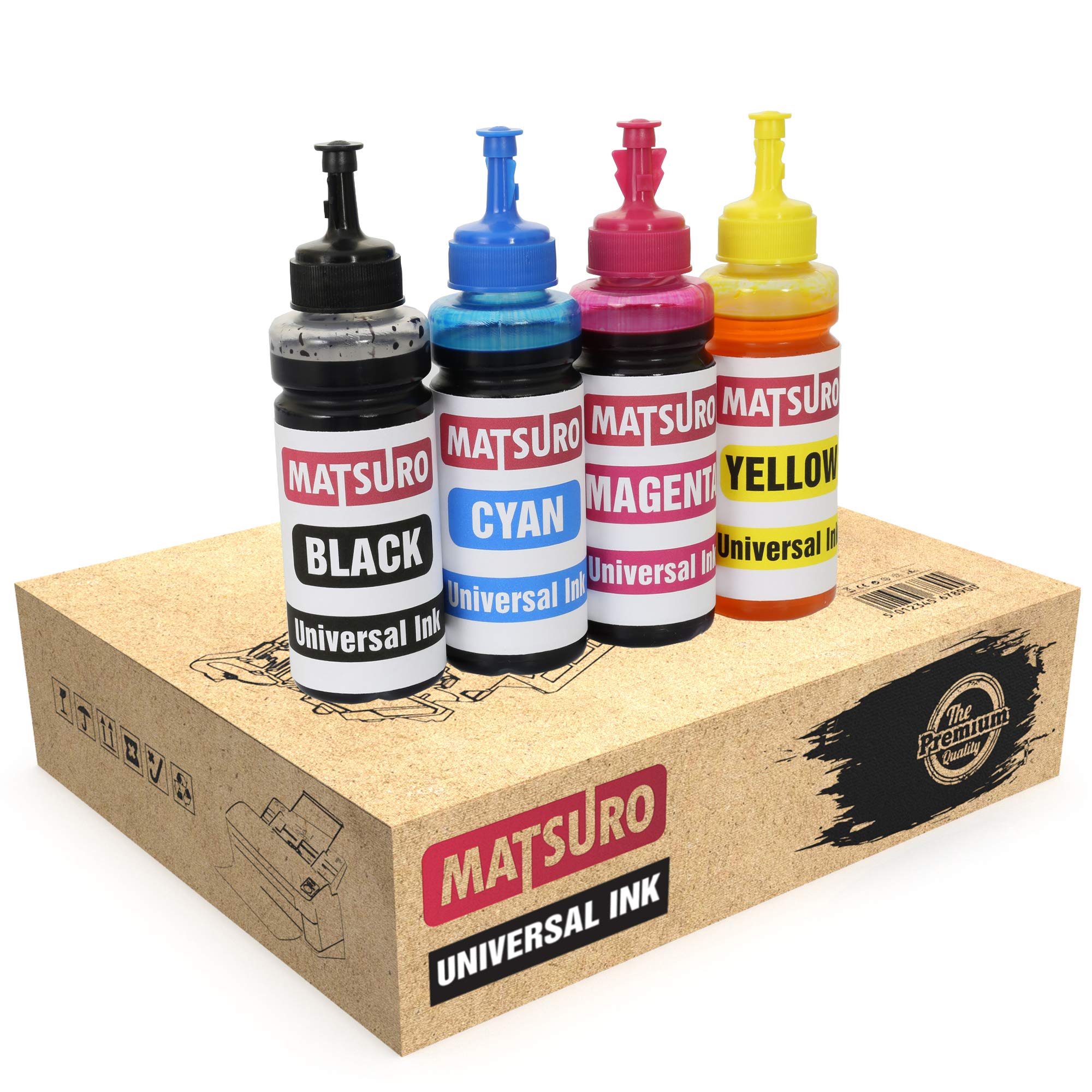 Matsuro Original | Compatible Universal Refill Ink Bottles Replacement for CANON HP EPSON BROTHER LEXMARK DELL RICOH (4 x 100 ml | 1 SET)