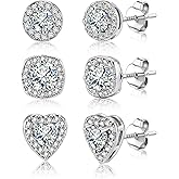 ALEXCRAFT Sterling Silver Stud Earrings for Women Cubic Zirconia Halo Round Heart Square Diamond Large Silver Stud Set