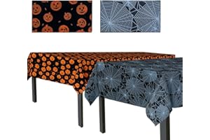 Confettiville Halloween Tablecloth, 2-Pack Disposable Table Cloths, Pumpkins and Spider Web Plastic Covers, 54 x 108 Inches, Party Decorations