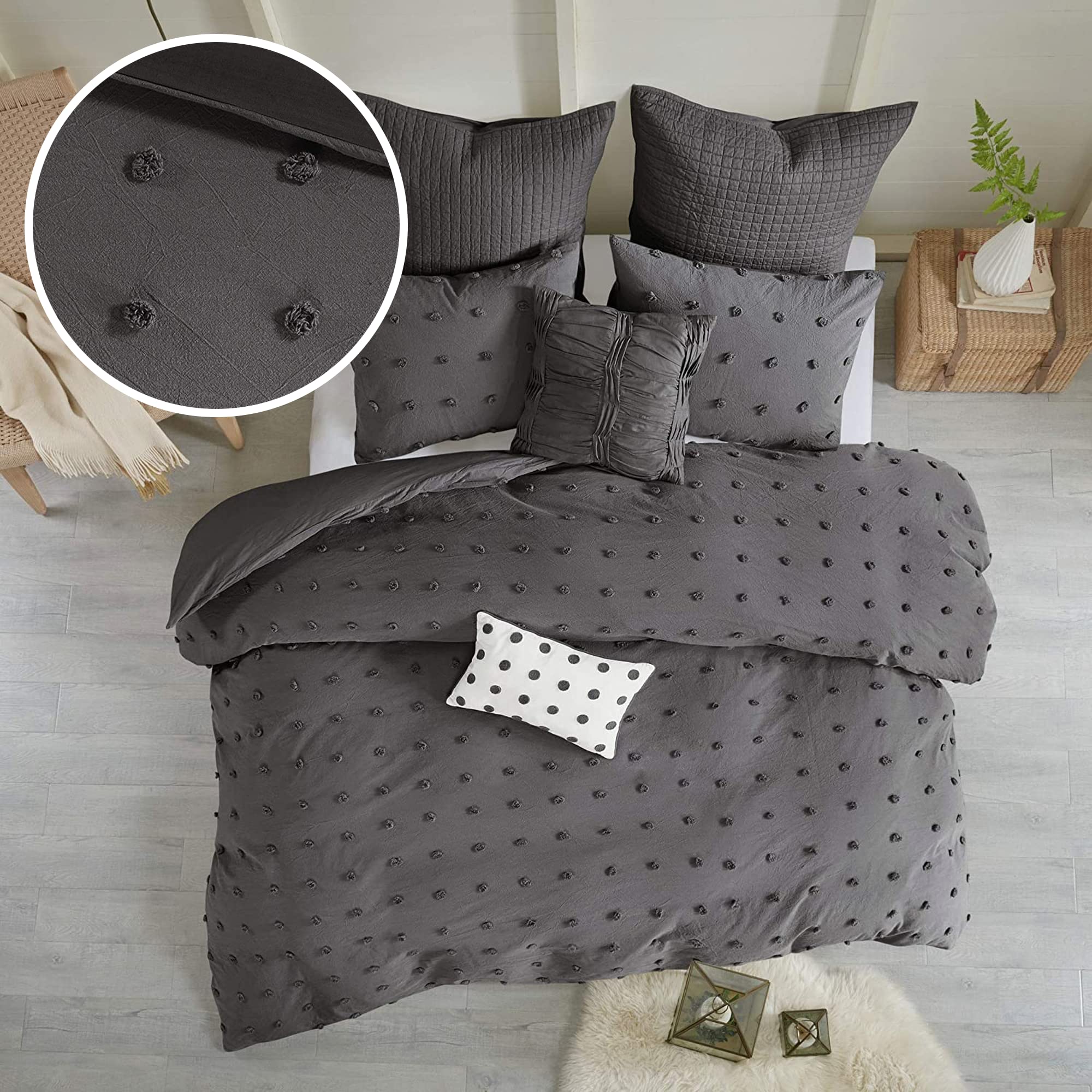 Intelligent Design Cotton Comforter Set - Jacquard Tufts Pompom Design All Season Bedding, Matching Shams, Decorative Pillows, King/California King (104 in x 92 in), Charcoal 7 Piece Image