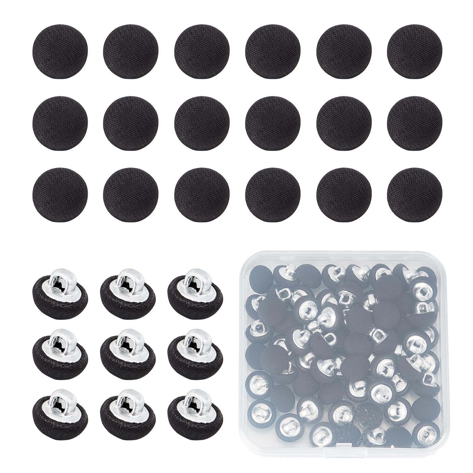 NICENEEDED 70 PCS Fabric Cloth Covered Button, 10mm Black Flatback Fabric Covered Round Buttons, Metal Shank Button Tuxedo Covered Buttons Smooth Satin Buttons for Sewing DIY Crafts