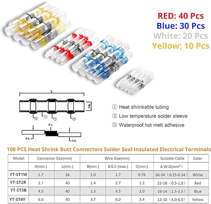 40Pcs Impermeable 4 tamaños de Soldadura DE SELLO CALOR SHRINK WIRE terminal Conectores de la manga