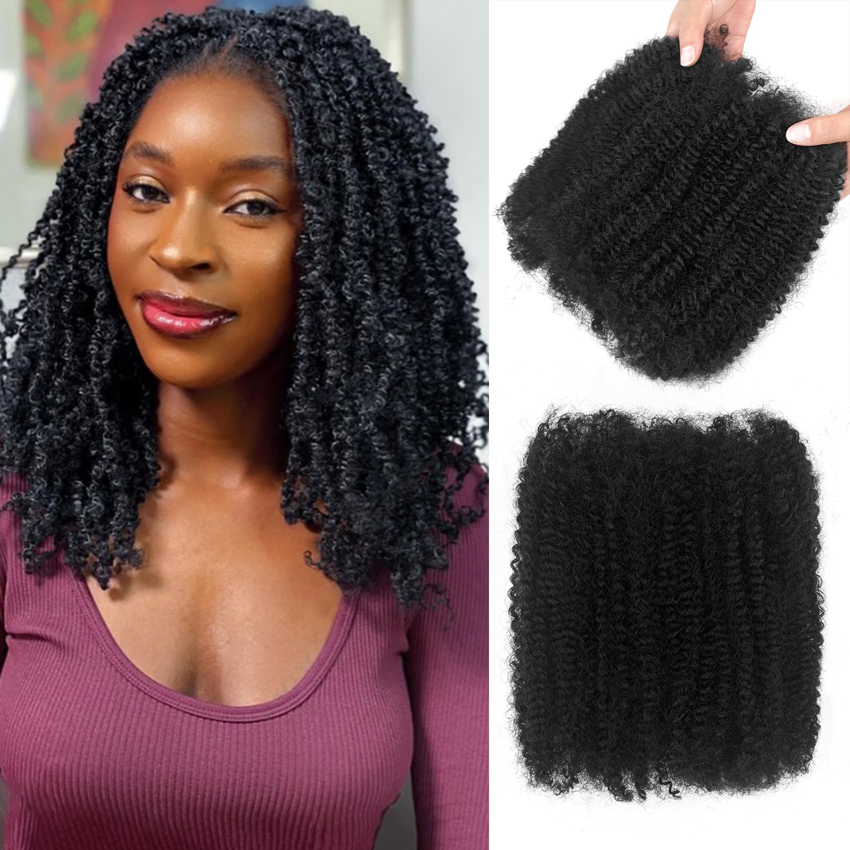 Photo 1 of Afro Twist Human Hair 16 Inch Afro Kinkys Bulk Human Hair 40g/Bundle Natural Black Human BraidingHair for Loc Extensions Marley Twist Brainding Hair (16inch,Pack of 2)