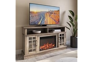 BELLEZE Traditional 58" Rustic TV Stand with 23" Electric Fireplace Heater with Sound, Media Entertainment Center Console Table for TV up to 65" with Open Storage Shelves and Cabinets - Ashland Pine
