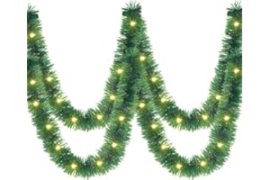 Kingdder 16.4 ft Christmas Tinsel Garland Lighted Metallic Twist Tree Decoration Prelit Battery Operated 50 LED Hanging Garland for Xmas New Year Home Outdoor Decor(Warm White, Green)