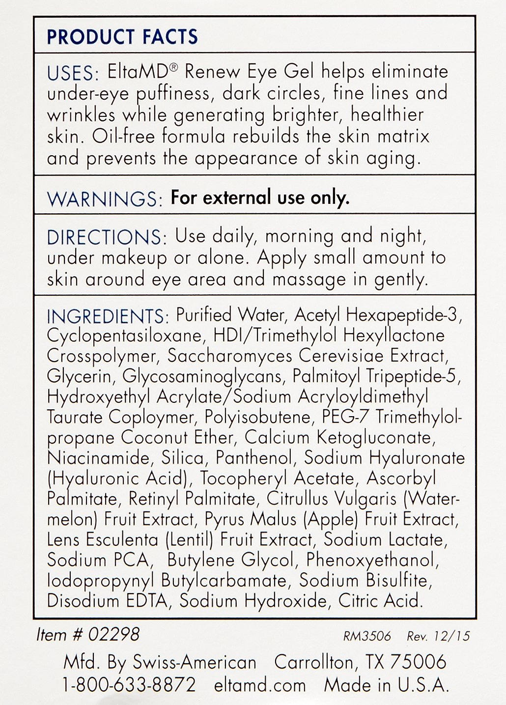 EltaMD Renew Eye Gel for Dark Circles, Under-Eye Puffiness, Fine Lines and Wrinkles, Anti-Aging Eye Cream with Peptides & Hyaluronic Acid, 0.5 oz.: EltaMD: Premium Beauty