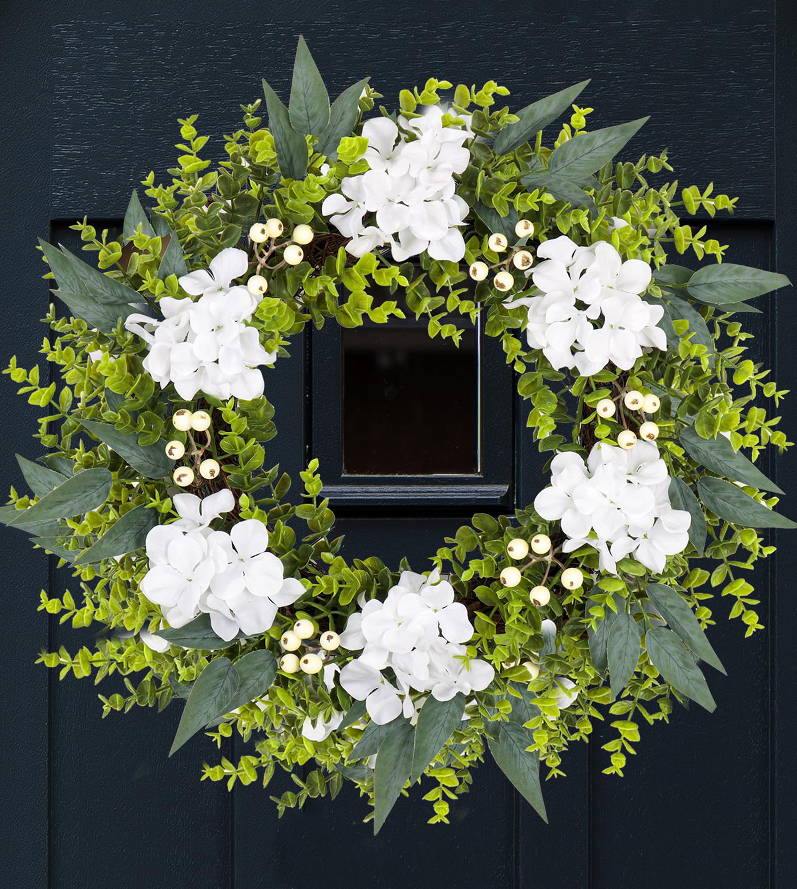 Photo 1 of TALVADI 22-24 Inch Eucalyptus and Boxwood Wreaths for Front Door, Front Door Wreaths for All Seasons with White Flower & Berries, Spring Summer Fall Wreath for Home, Front Door, Porch, Window Decor