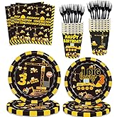 100 Pcs Construction 3rd Birthday Party Supplies Dump Truck Theme Three Decorations Tableware Includes Plates, Cups, Napkins for Boys Construction Three Years Old Birthday Party Decorations Favors