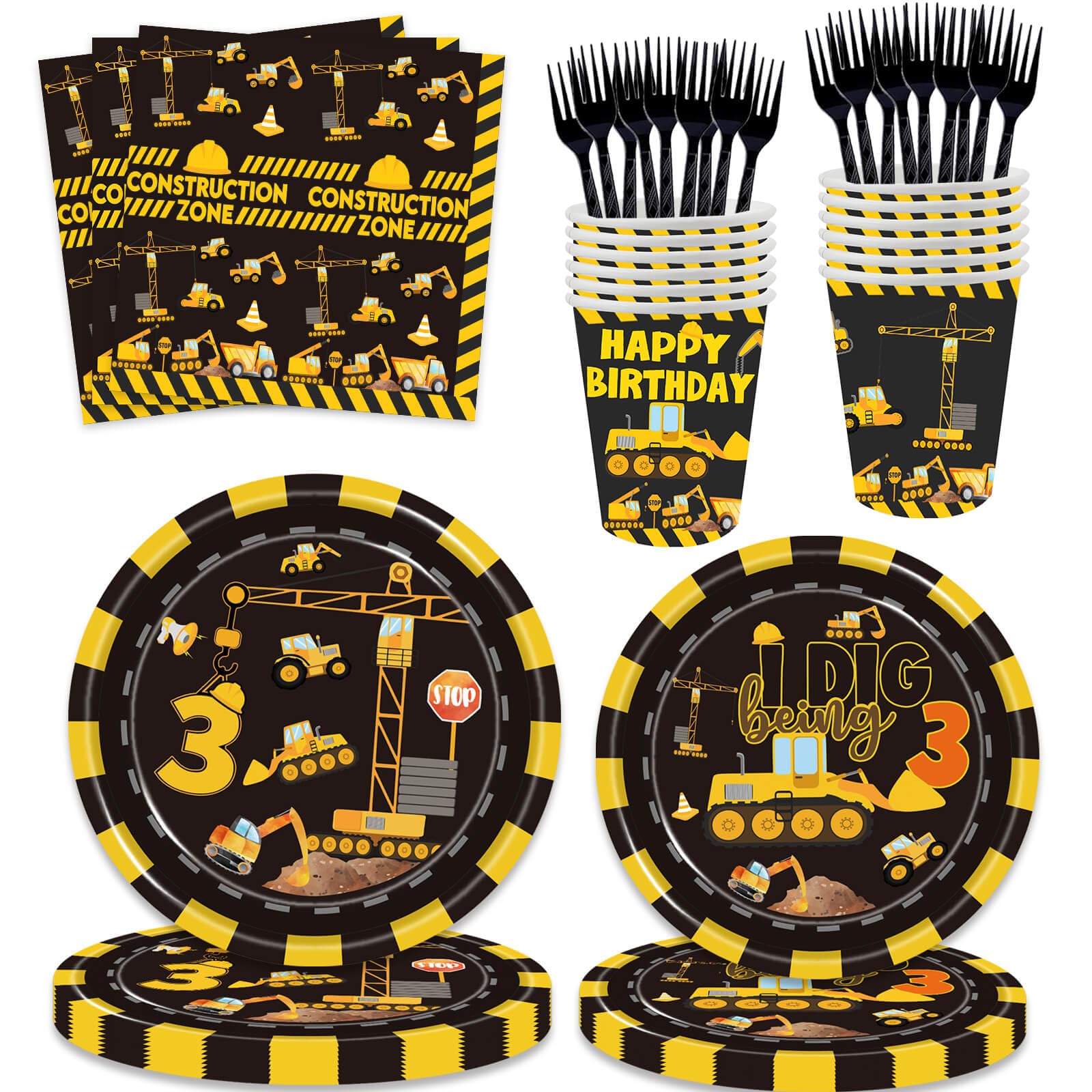 Photo 1 of 100 Pcs Construction 3rd Birthday Party Supplies Dump Truck Theme Three Decorations Tableware Includes Plates, Cups, Napkins for Boys Construction Three Years Old Birthday Party Decorations Favors