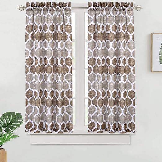 Amazon Com Haperlare Tier Curtains For Living Room Lattice Pattern Short Bathroom Window Curtain Trellis Design Half Window Kitchen Cafe Curtains 28 X 45 Taupe Brown Set Of 2 Home Kitchen