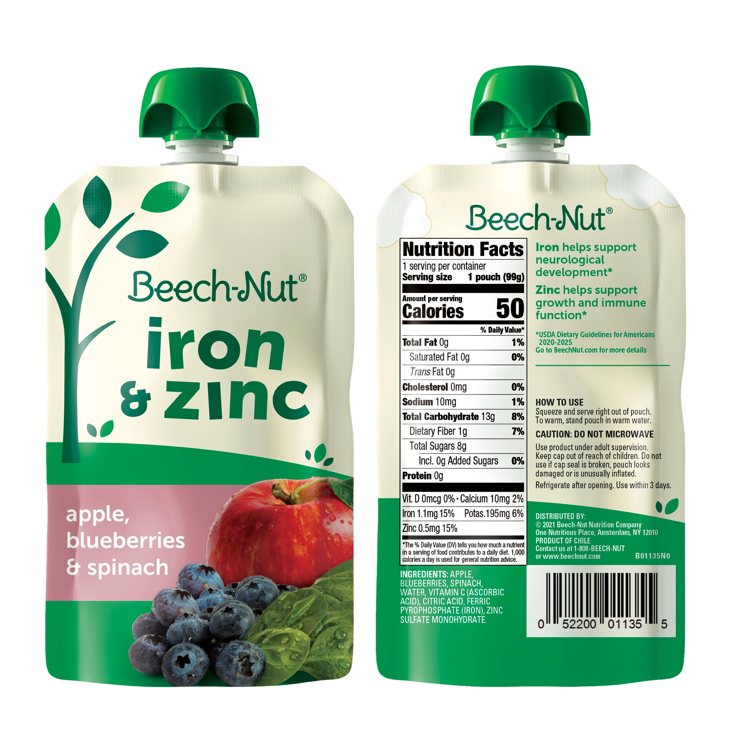 Beech-Nut Baby & Toddler Food Pouches with Iron & Zinc, Apple Blueberry & Spinach Puree, 3.5 oz (18 Pack)
