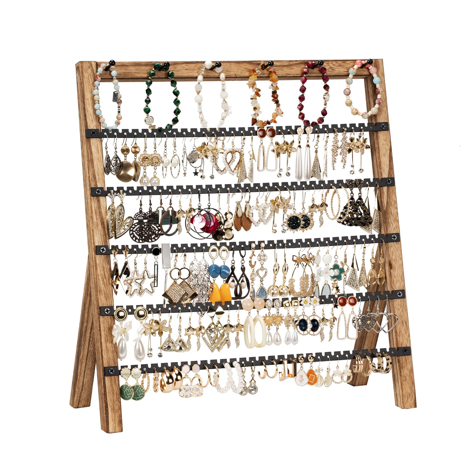 Photo 1 of Emfogo Earring Holder Organizer, 6 Tier Earring Display Stand with 285 Holes & 6 Bracelet Rods, Rustic Wood Jewelry Organizer for Earring Bracelet Necklace Ring, Gifts for Women (Rustic)