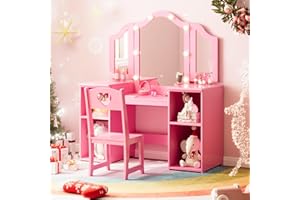 GARVEEHOME Kids Vanity Table, Princess Makeup Desk & Chair Set with touch Light Detachable Tri-Folding Mirror, Open Storage Shelves, Wooden Girls Vanity Dressing Table, Pretend Play Vanity Set for Toddler